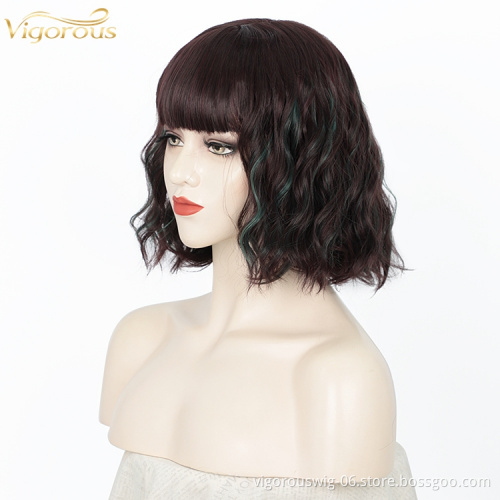 Highlight Color Bob Wavy Curly Wig Synthetic Short Wig with Bangs Natural Looking Heat Resistant Fiber Hair for Women